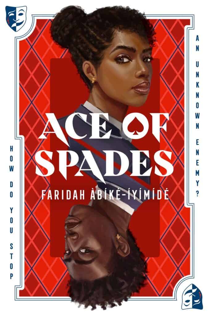 Book cover of Ace of Spaces -- looks like a playing card with two Black teens faces on it where the spades or hearts would be.