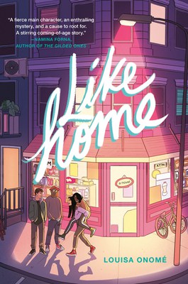 Book Cover for Like Home -- illustrated cover with a street corner in front of a neighborhood shop with a group of teen friends standing talking and having fun
