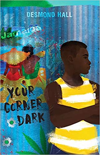 Book Cover for your Corner Dark. Illustrated cover of a Black teen boy in a yellow and white striped tank with his arms folded and looking off to the side against a bright blue wall that has an image of a girl and a guy's back in bathing suits