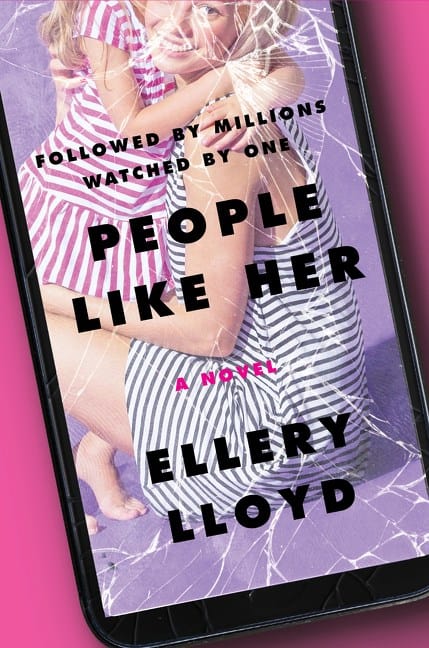 Book cover for People LIke Her - Cover looks like a phone and the home screen is a picture of a woman hugging a child in matching striped dresses that are differing in color -- the mom is blue and white and the kid is pink and white