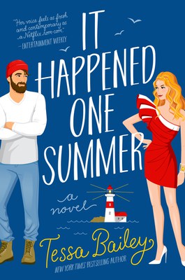 Book cover for It Happened One Summer -- book cover is dark blue. There is an illustrated drawing of a woman in a red fancy dress and blonde waves on the right. And a guy with a beard, red hat, white shirt and jeans on the left. A lighthouse is off in the background