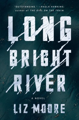 Book cover for Long Bright River -- cover is dark blue with white letters and what looks like raindrops