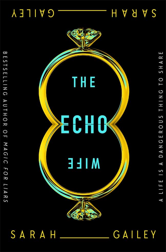 book cover for The Echo Wife -- cover is black with a gold engagement ring and it's mirror image below