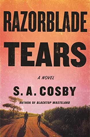 Book cover for Razorblade Tears by SA Cosby -- Pink sunset landscape and two men walking on a dirt road with some foliage surrounding it