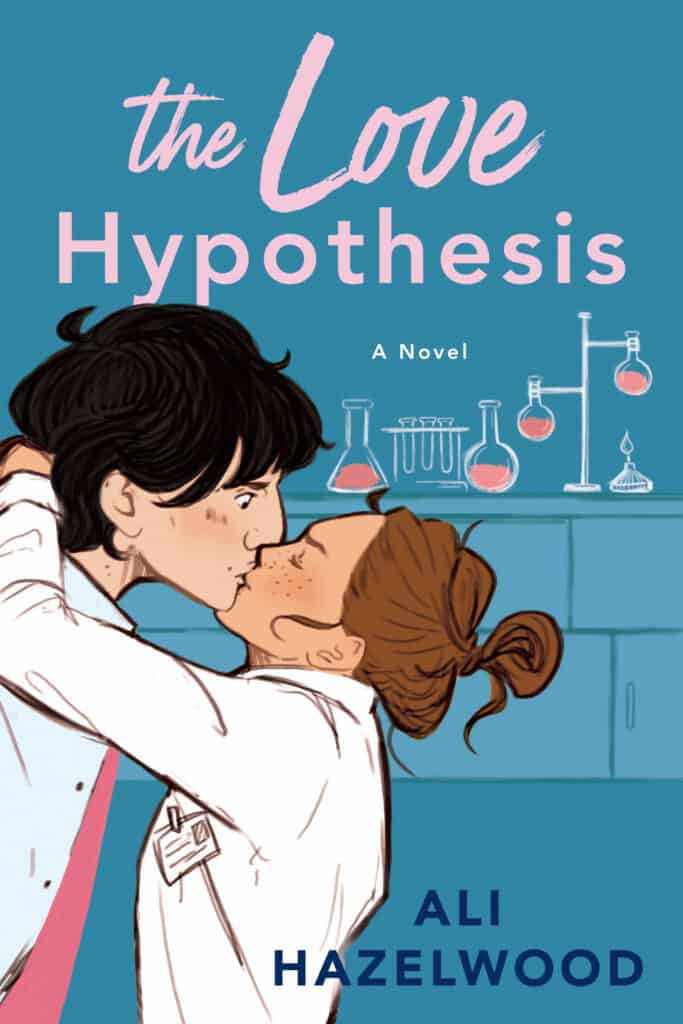 Book cover for The Love Hypothesis -- cover is blue background. In the background there are illustrations of a science lab. In the foreground an illustrated woman in a white lab coat kisses a surprised man with dark hair