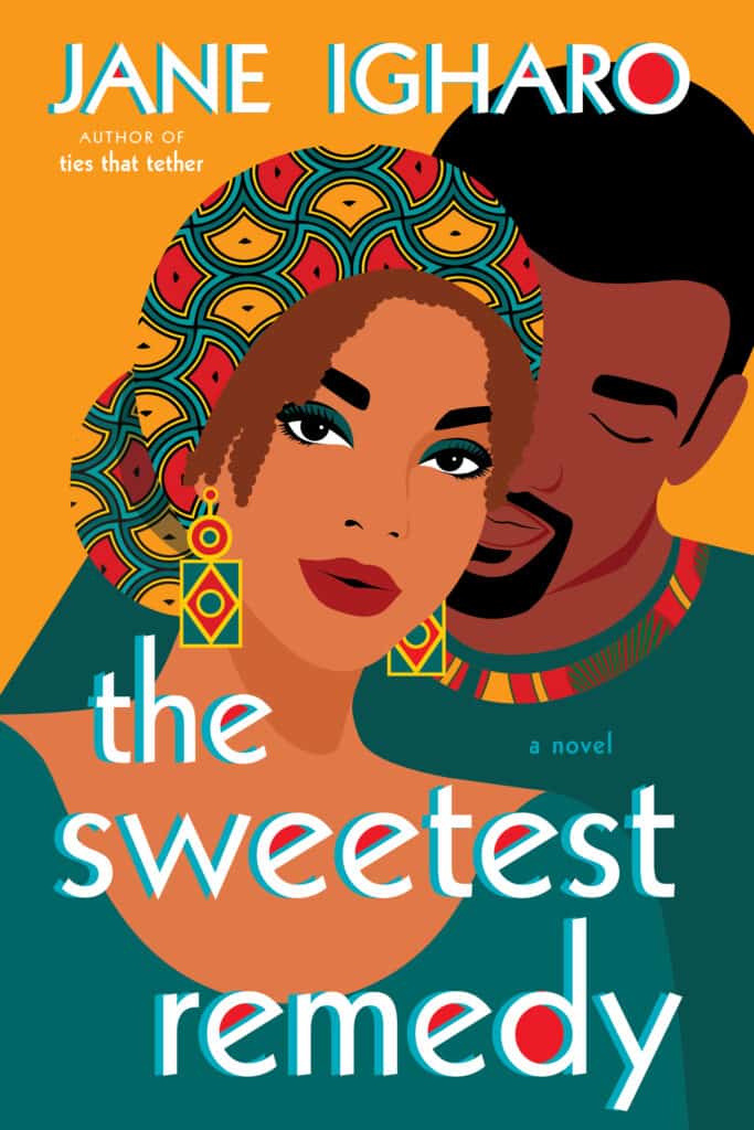 Book cover for The Sweetest Remedy. Cover is illustrated with a Black woman in a headscarf and a Black man hugging her from behind